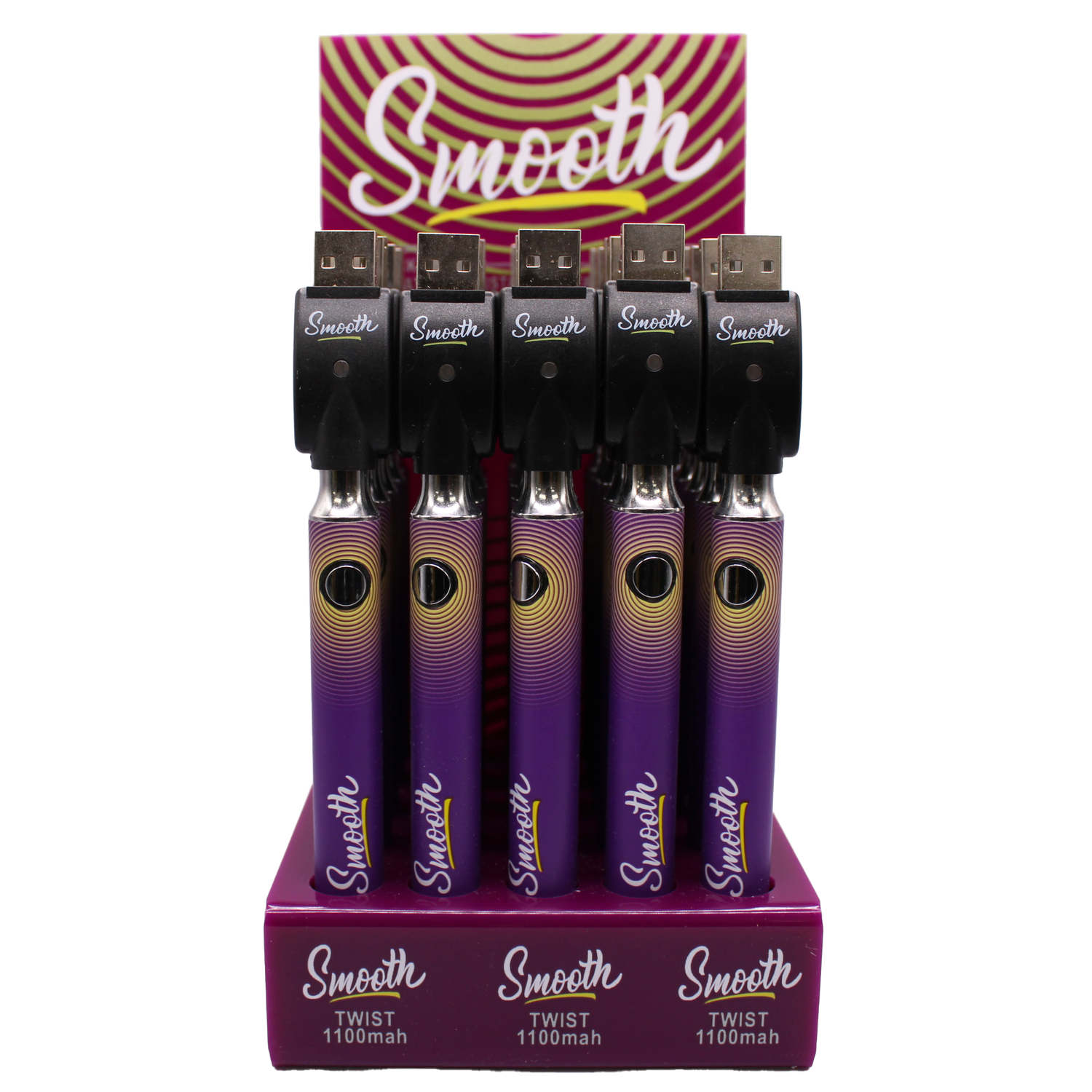 Front view of the closed Smooth 510 thread batteries 25-count display box in purple vibrant branding. This wholesale bulk display provides smoke shops with high-quality, reliable batteries perfectly calibrated for 510-compatible oil and wax cartridges.