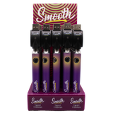 Front view of the closed Smooth 510 thread batteries 25-count display box in purple vibrant branding. This wholesale bulk display provides smoke shops with high-quality, reliable batteries perfectly calibrated for 510-compatible oil and wax cartridges.