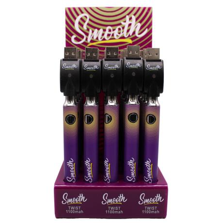 Front view of the closed Smooth 510 thread batteries 25-count display box in purple vibrant branding. This wholesale bulk display provides smoke shops with high-quality, reliable batteries perfectly calibrated for 510-compatible oil and wax cartridges.