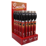 Angled view of the closed Smooth 510 thread batteries 25-count display box in bright red vibrant branding. This wholesale bulk display provides smoke shops with high-quality, reliable batteries perfectly calibrated for 510-compatible oil and wax cartridges.