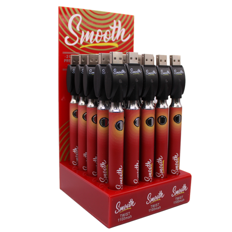 Angled view of the closed Smooth 510 thread batteries 25-count display box in bright red vibrant branding. This wholesale bulk display provides smoke shops with high-quality, reliable batteries perfectly calibrated for 510-compatible oil and wax cartridges.