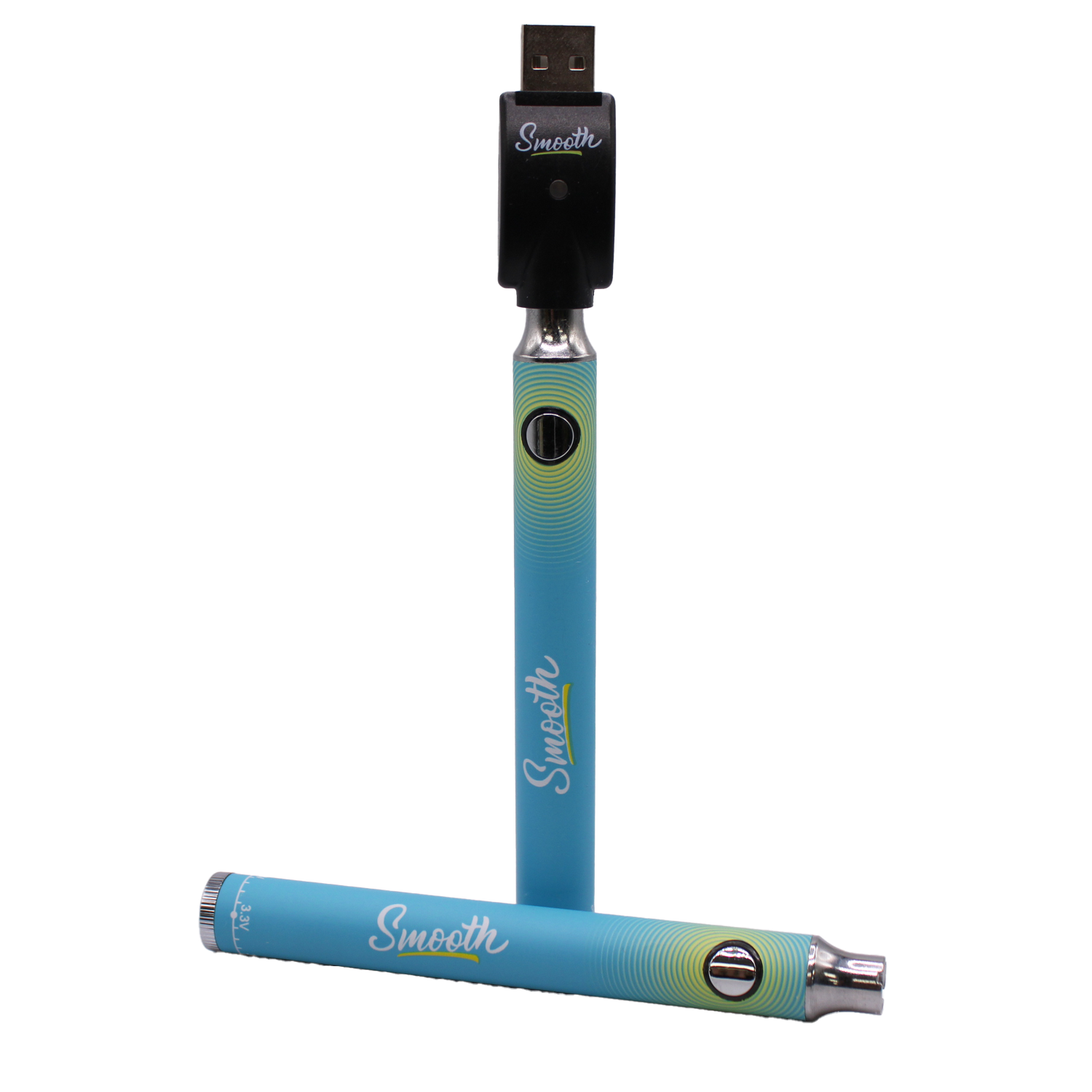 Close-up front view of Smooth 510 thread batteries in blue and green colors. These portable, discreet vape pen batteries feature adjustable variable voltage settings to customize the heating experience for any viscosity extract.