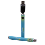 Close-up front view of Smooth 510 thread batteries in blue and green colors. These portable, discreet vape pen batteries feature adjustable variable voltage settings to customize the heating experience for any viscosity extract.