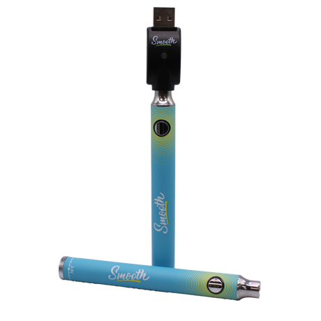 Close-up front view of Smooth 510 thread batteries in blue and green colors. These portable, discreet vape pen batteries feature adjustable variable voltage settings to customize the heating experience for any viscosity extract.