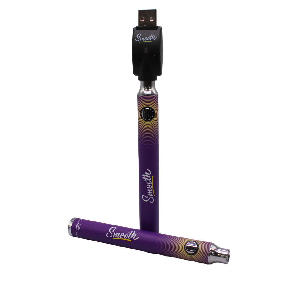 Close-up front view of Smooth 510 thread batteries in purple and yellow colors. These portable, discreet vape pen batteries feature adjustable variable voltage settings to customize the heating experience for any viscosity extract.
