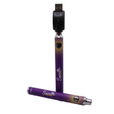 Close-up front view of Smooth 510 thread batteries in purple and yellow colors. These portable, discreet vape pen batteries feature adjustable variable voltage settings to customize the heating experience for any viscosity extract.