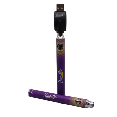 Close-up front view of Smooth 510 thread batteries in purple and yellow colors. These portable, discreet vape pen batteries feature adjustable variable voltage settings to customize the heating experience for any viscosity extract.