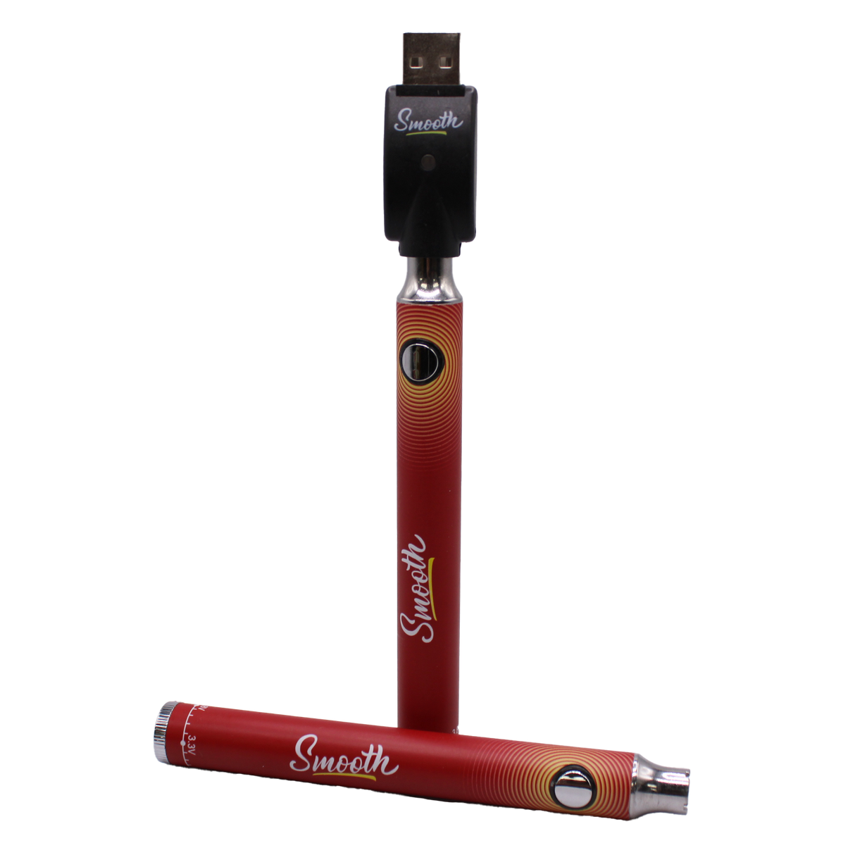 Close-up front view of Smooth 510 thread batteries in red and yellow colors. These portable, discreet vape pen batteries feature adjustable variable voltage settings to customize the heating experience for any viscosity extract.