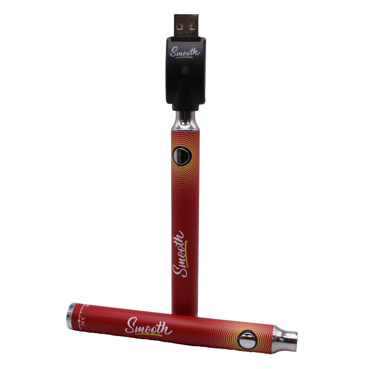 Close-up front view of Smooth 510 thread batteries in red and yellow colors. These portable, discreet vape pen batteries feature adjustable variable voltage settings to customize the heating experience for any viscosity extract.