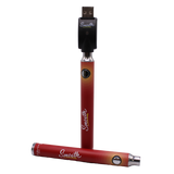 Close-up front view of Smooth 510 thread batteries in red and yellow colors. These portable, discreet vape pen batteries feature adjustable variable voltage settings to customize the heating experience for any viscosity extract.