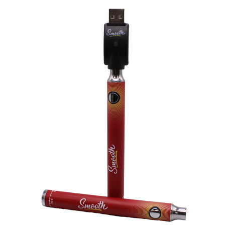 Close-up front view of Smooth 510 thread batteries in red and yellow colors. These portable, discreet vape pen batteries feature adjustable variable voltage settings to customize the heating experience for any viscosity extract.