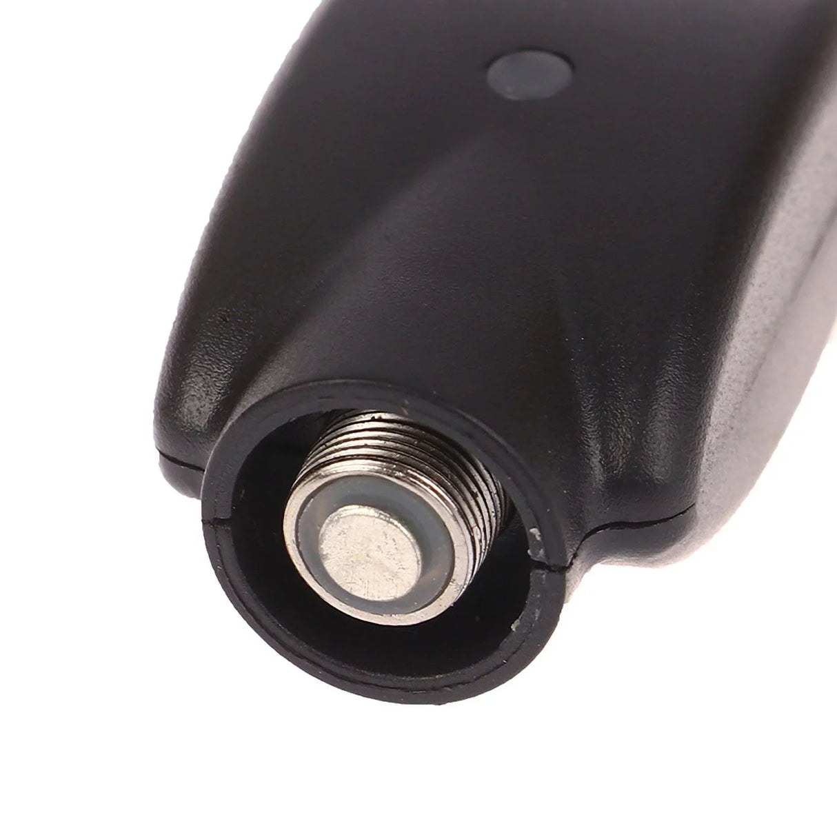 Angled top down view of the Smooth USB battery charger highlighting the metallic silver 510 thread connection. The precisely machined threads securely hold most standard vape pen batteries to ensure a stable and safe electrical connection while charging.