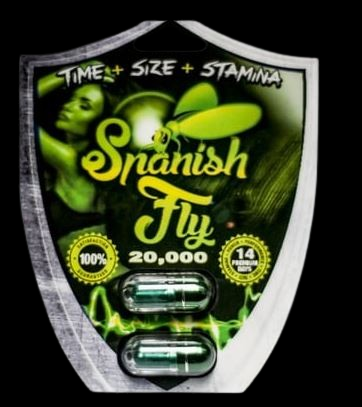 Angled overhead view of a single Spanish Fly 2-pack unit in vibrant red and black. This convenient, pocket-sized enhancement supplement is designed to deliver a fast-acting boost when you need it most.