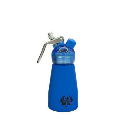 Front view of the Special Blue 1/2 pint suede aluminum dispenser in matte blue. This professional-grade culinary canister features a soft rubberized exterior and is used to effortlessly create fresh whipped cream, infused mousses, and beverage foams.
