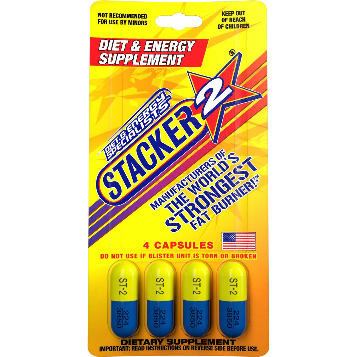 Front view of a single Stacker 2 Ephedra Free Blaster Pack 4-count blister card in bright yellow with bold red branding. These pocket-sized dietary supplement packs provide a fast-acting boost of energy and thermogenic support without the use of ephedra.