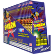 Front angled view of the Stacker 2 Swarm Extreme Energizer Capsules retail display box in purple and yellow. This wholesale counter box contains multiple blister packs of the extreme energy and fat-burning dietary supplement, perfect for impulse purchases.