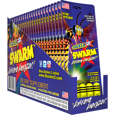 Front angled view of the Stacker 2 Swarm Extreme Energizer Capsules retail display box in purple and yellow. This wholesale counter box contains multiple blister packs of the extreme energy and fat-burning dietary supplement, perfect for impulse purchases.