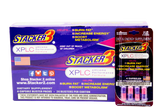 Front angled view of the Stacker 3 XPLC Blaster Pack 24ct display box in metallic orange and black. This bulk wholesale counter box holds 24 individual blister cards, making it an ideal high-margin impulse item for convenience store and smoke shop checkout counters.