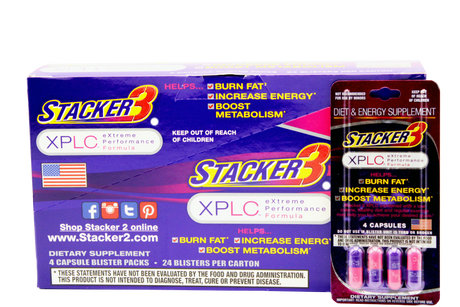 Front angled view of the Stacker 3 XPLC Blaster Pack 24ct display box in metallic orange and black. This bulk wholesale counter box holds 24 individual blister cards, making it an ideal high-margin impulse item for convenience store and smoke shop checkout counters.