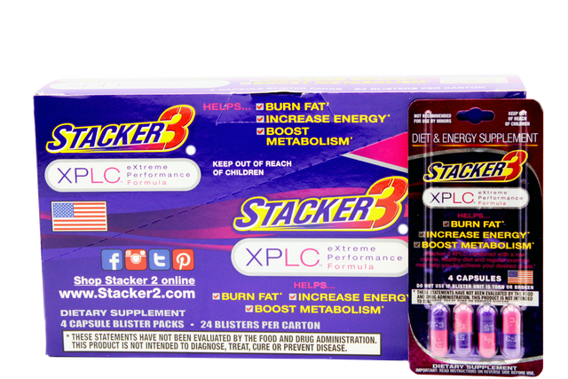 Front angled view of the Stacker 3 XPLC Blaster Pack 24ct display box in metallic orange and black. This bulk wholesale counter box holds 24 individual blister cards, making it an ideal high-margin impulse item for convenience store and smoke shop checkout counters.