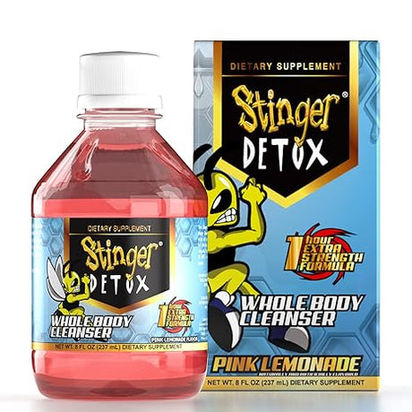 Front angled view of the Stinger Detox The Buzz 5x Liquid 8oz bottle in vibrant blue. This extra-strength, fast-acting detox drink is formulated to work naturally with your body to flush out toxins for a rapid same-day cleanse.