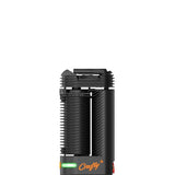 Front view of the Storz & Bickel Crafty+ dry herb vaporizer in matte black with a vibrant orange button. This compact portable device utilizes a patented combination of convection and conduction heating to deliver outstanding vapor quality and pure flavor on the go.