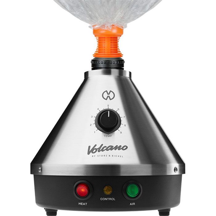 Front standing view of the Storz & Bickel Volcano Classic with a clear Easy Valve balloon attached. The iconic detachable balloon system captures pure vapor for smooth and convenient consumption anywhere in the room.