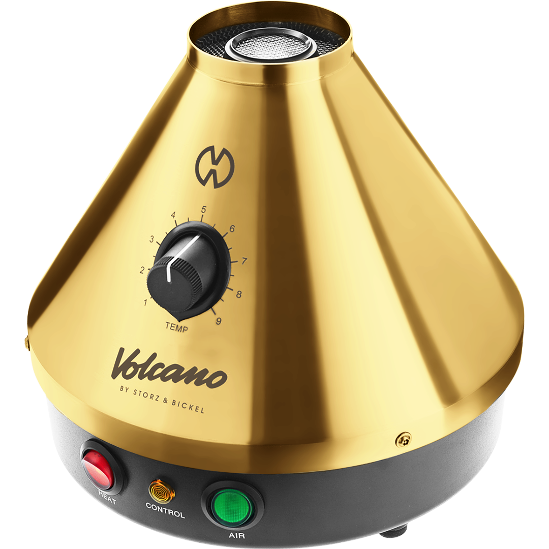 Front angled view of the Storz & Bickel Volcano Classic in striking 24-karat gold. This legendary desktop vaporizer features a robust electromechanical design and convection heating for pure dry herb vaporization.