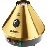 Front angled view of the Storz & Bickel Volcano Classic in striking 24-karat gold. This legendary desktop vaporizer features a robust electromechanical design and convection heating for pure dry herb vaporization.