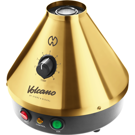 Front angled view of the Storz & Bickel Volcano Classic in striking 24-karat gold. This legendary desktop vaporizer features a robust electromechanical design and convection heating for pure dry herb vaporization.