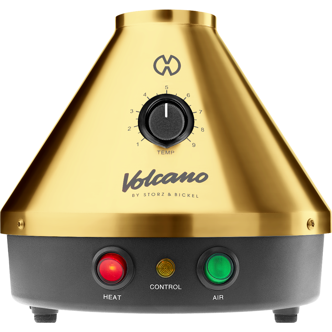 Front view of the Storz & Bickel Volcano Classic in striking 24-karat gold. This legendary desktop vaporizer features a robust electromechanical design and convection heating for pure dry herb vaporization.