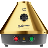 Front view of the Storz & Bickel Volcano Classic in striking 24-karat gold. This legendary desktop vaporizer features a robust electromechanical design and convection heating for pure dry herb vaporization.