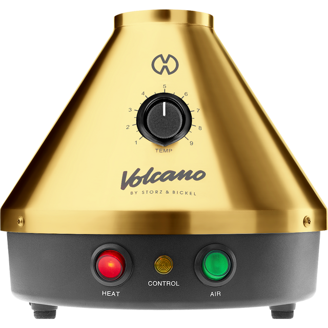 Front view of the Storz & Bickel Volcano Classic in striking 24-karat gold. This legendary desktop vaporizer features a robust electromechanical design and convection heating for pure dry herb vaporization.