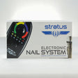 Front view of the Stratus analog e-nail system starter kit enclosed in its sleek white retail box. This comprehensive desktop vaporizer setup provides everything needed to upgrade a traditional glass rig into a torchless, continuous-heat dab station.
