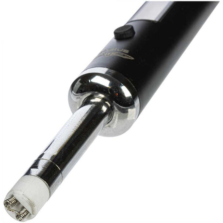 Close-up view of the metallic silver scooper tip and integrated sensor probe on the Stratus dabbing device. This 2-in-1 tool combines a premium concentrate scooper with an accurate thermal reading gauge to protect your delicate terpenes from burning.
