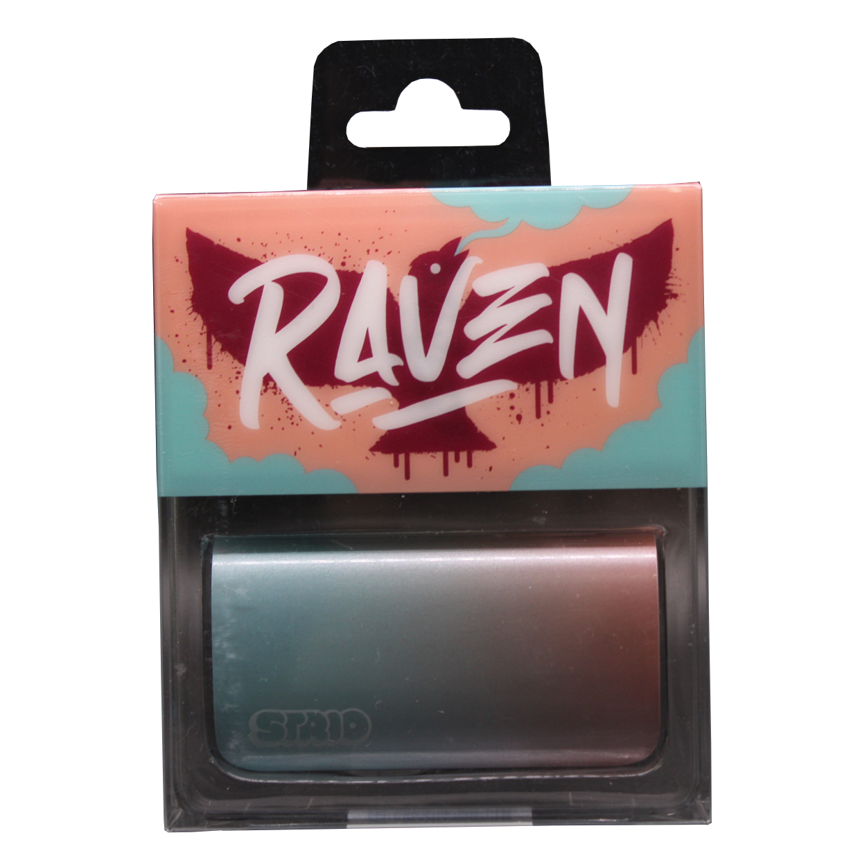 Front view of the Strio Raven 600mAh cartridge battery mod in blue and red. This compact, ergonomic 510-thread battery completely conceals your standard oil cartridges for a highly stealthy and protected vaping experience.