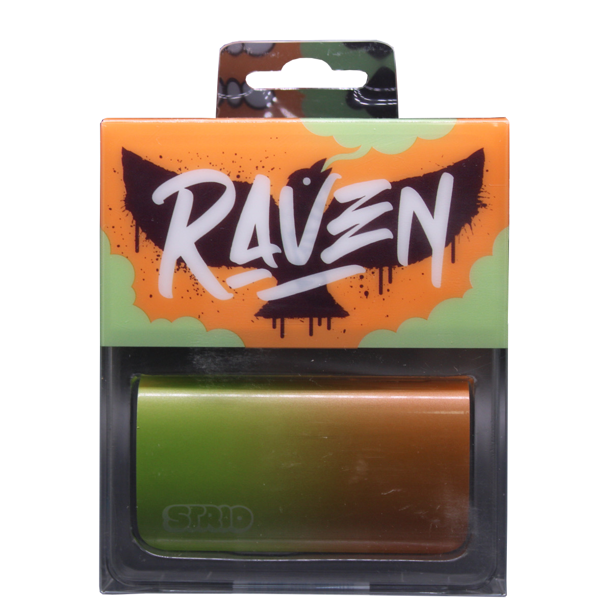 Front view of the Strio Raven 600mAh cartridge battery mod in green and orange. This compact, ergonomic 510-thread battery completely conceals your standard oil cartridges for a highly stealthy and protected vaping experience.