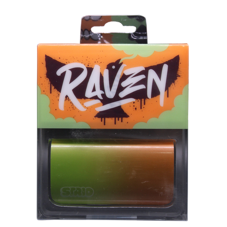 Front view of the Strio Raven 600mAh cartridge battery mod in green and orange. This compact, ergonomic 510-thread battery completely conceals your standard oil cartridges for a highly stealthy and protected vaping experience.