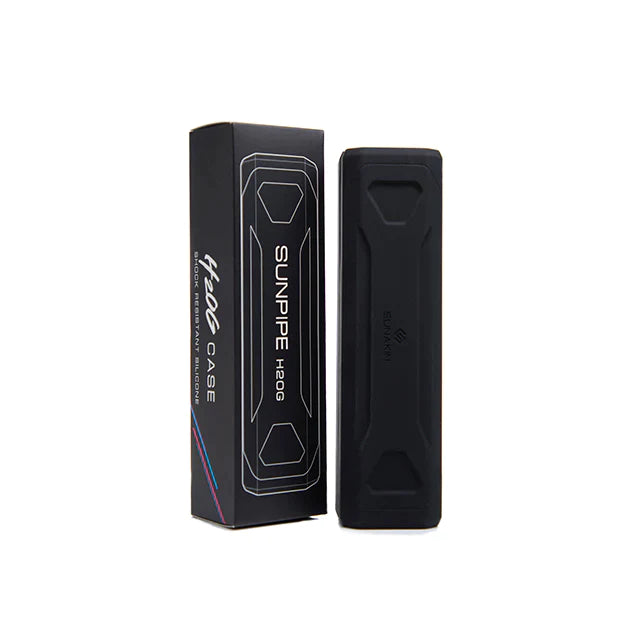 Front view of the Sunakin Sunpipe H2OG shock-resistant silicone case in black displayed next to its official branded retail packaging. Designed specifically for the H2OG device, this premium cover extends the lifespan of your favorite portable water pipe.