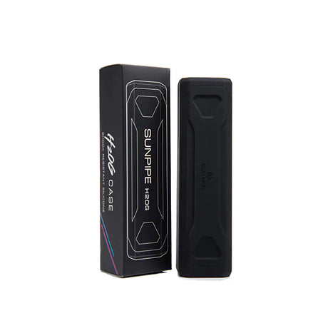 Front view of the Sunakin Sunpipe H2OG shock-resistant silicone case in black displayed next to its official branded retail packaging. Designed specifically for the H2OG device, this premium cover extends the lifespan of your favorite portable water pipe.