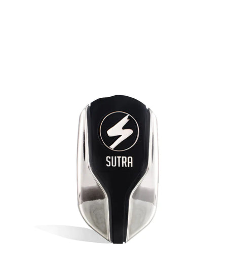 Front view of the Sutra Squeeze 4 Temp vaporizer in sleek silver. This highly ergonomic, flask-shaped 510-thread battery is perfectly contoured to fit naturally in the palm of your hand for stealthy, comfortable oil cartridge vaping.