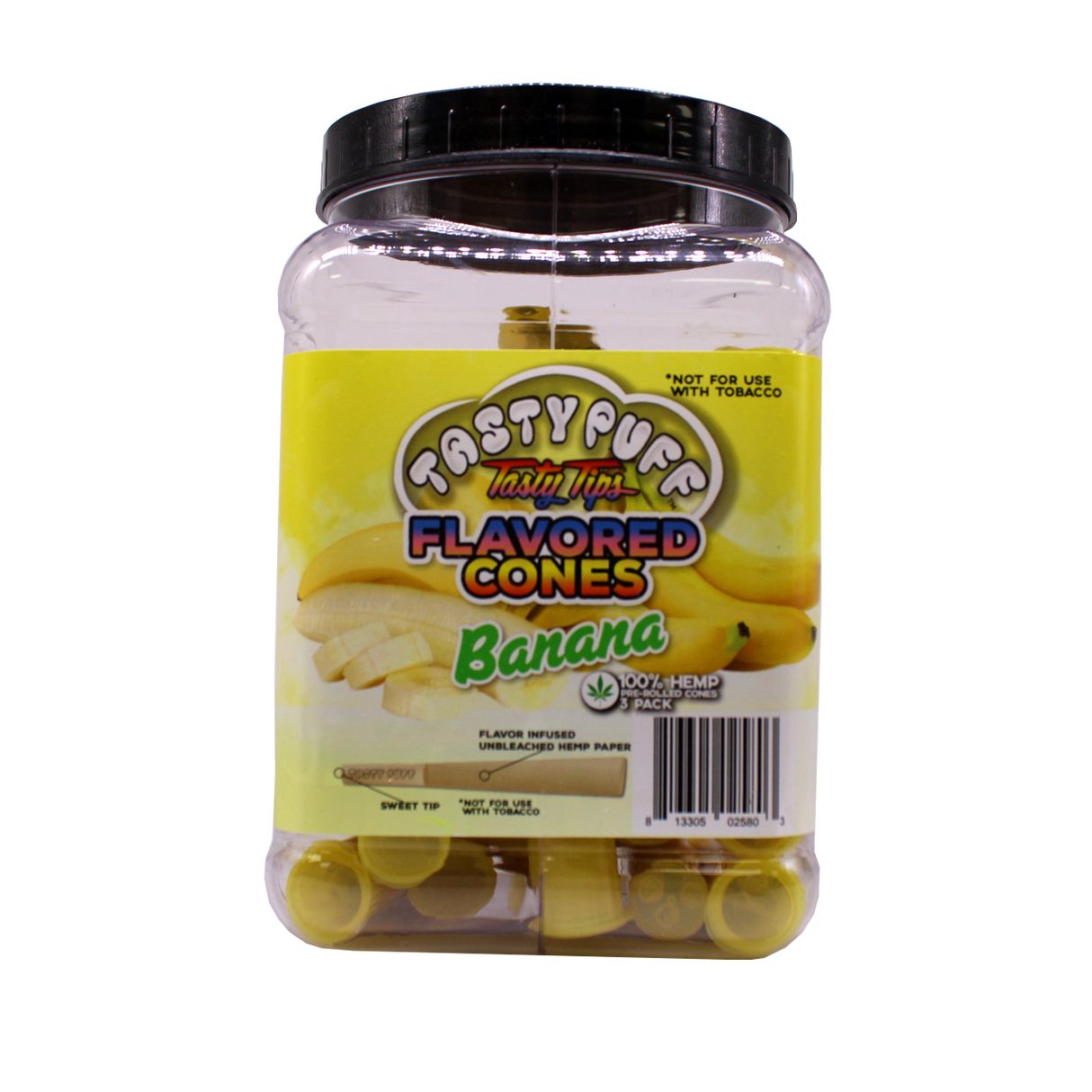 Angled front view of the Tasty Puff flavored pre-rolled cones 30-tube display tub in yellow for the sweet Banana flavor. This retail-ready bulk container provides smoke shops with 30 airtight doob tubes to keep the infused cones fresh and protected.