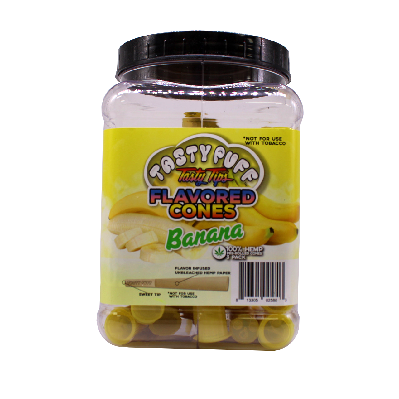 Angled front view of the Tasty Puff flavored pre-rolled cones 30-tube display tub in yellow for the sweet Banana flavor. This retail-ready bulk container provides smoke shops with 30 airtight doob tubes to keep the infused cones fresh and protected.