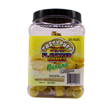Angled front view of the Tasty Puff flavored pre-rolled cones 30-tube display tub in yellow for the sweet Banana flavor. This retail-ready bulk container provides smoke shops with 30 airtight doob tubes to keep the infused cones fresh and protected.