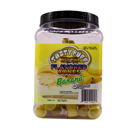 Angled front view of the Tasty Puff flavored pre-rolled cones 30-tube display tub in yellow for the sweet Banana flavor. This retail-ready bulk container provides smoke shops with 30 airtight doob tubes to keep the infused cones fresh and protected.
