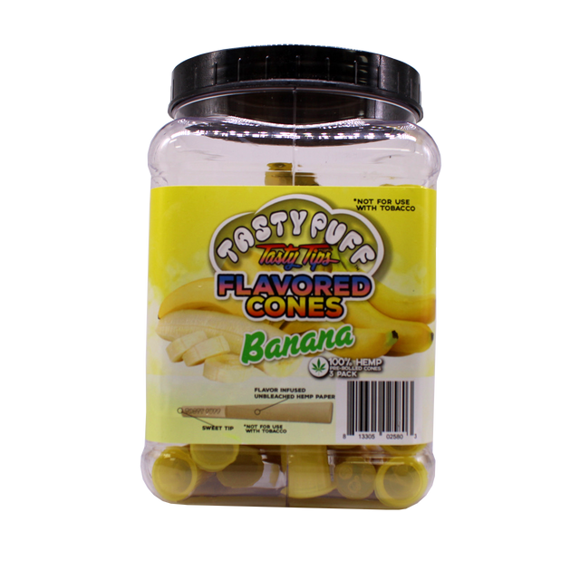 Angled front view of the Tasty Puff flavored pre-rolled cones 30-tube display tub in yellow for the sweet Banana flavor. This retail-ready bulk container provides smoke shops with 30 airtight doob tubes to keep the infused cones fresh and protected.