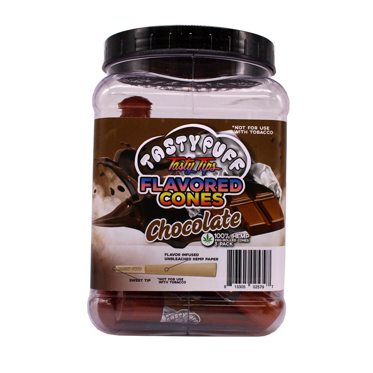 Angled front view of the Tasty Puff flavored pre-rolled cones 30-tube display tub in brown for the rich Choco flavor. Each included storage tube preserves the intense flavor profiles and protects the pre-rolls from crushing during transport.