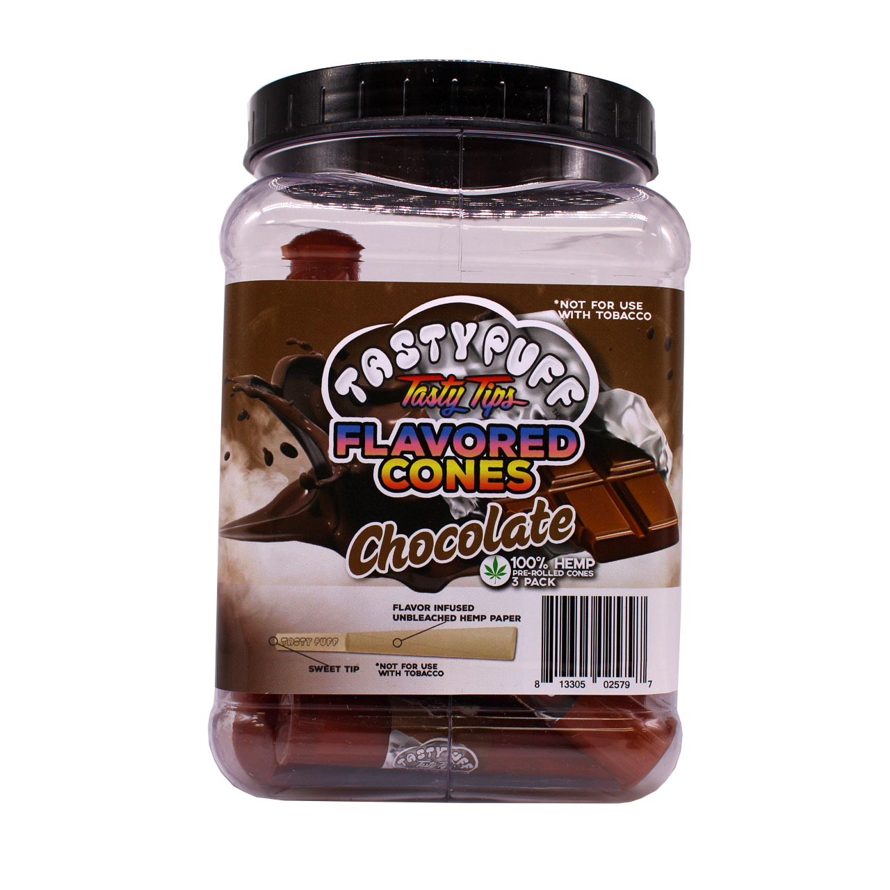 Angled front view of the Tasty Puff flavored pre-rolled cones 30-tube display tub in brown for the rich Choco flavor. Each included storage tube preserves the intense flavor profiles and protects the pre-rolls from crushing during transport.