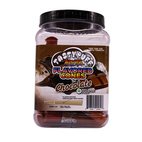 Angled front view of the Tasty Puff flavored pre-rolled cones 30-tube display tub in brown for the rich Choco flavor. Each included storage tube preserves the intense flavor profiles and protects the pre-rolls from crushing during transport.