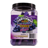 Angled front view of the Tasty Puff flavored pre-rolled cones 30-tube display tub in purple for the juicy Grape flavor. These convenient, reusable transport tubes make it incredibly easy for smokers to take their perfectly rolled cones on the go without damage.